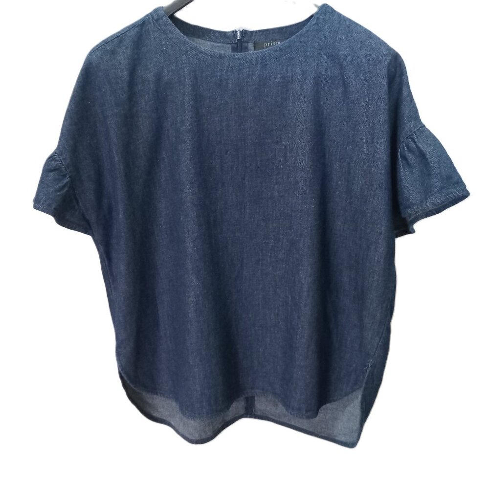 Prism Women's Blue Denim Blouse Ruffle Short Sleeve Relaxed Fit Top Blouse Sz S